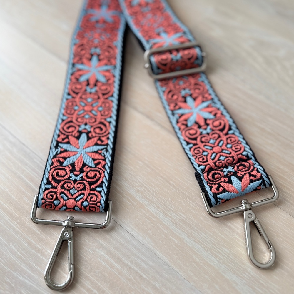 Ahdorned - Floral Interchangeable Embroidered Bag Strap - Coral/Light Blue